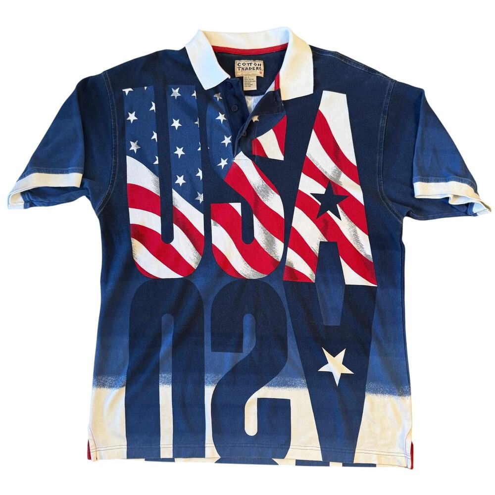 VTG USA Polo 100% Cotton Traders Short Sleeve Americana Patriotic Unisex Large